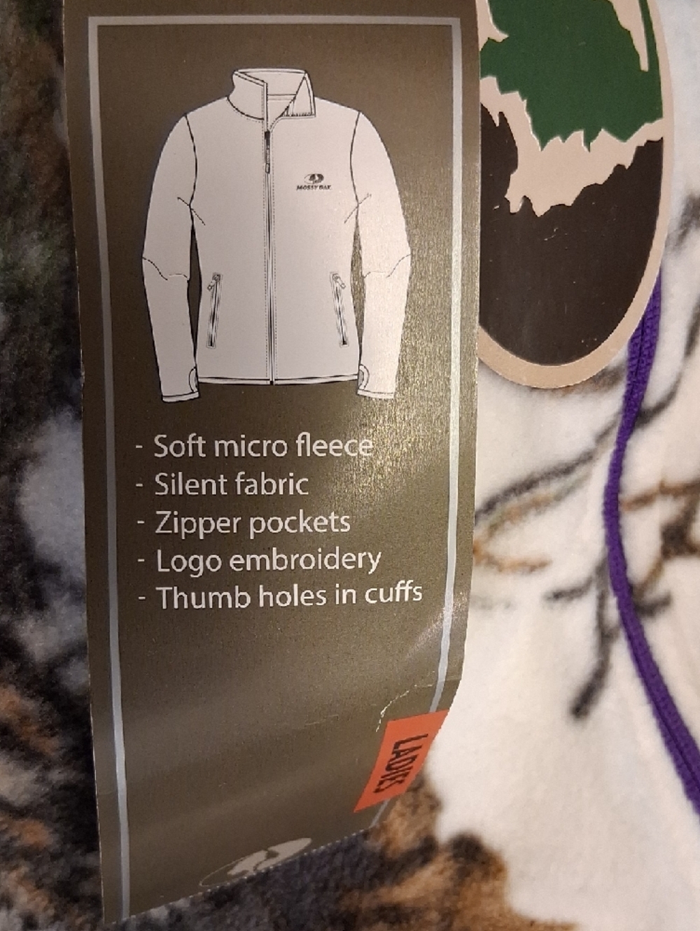 Mossy Oak White and Brown Realtree-Style Camo Fleece Jacket with Purple Accents. - Picture 12 of 13
